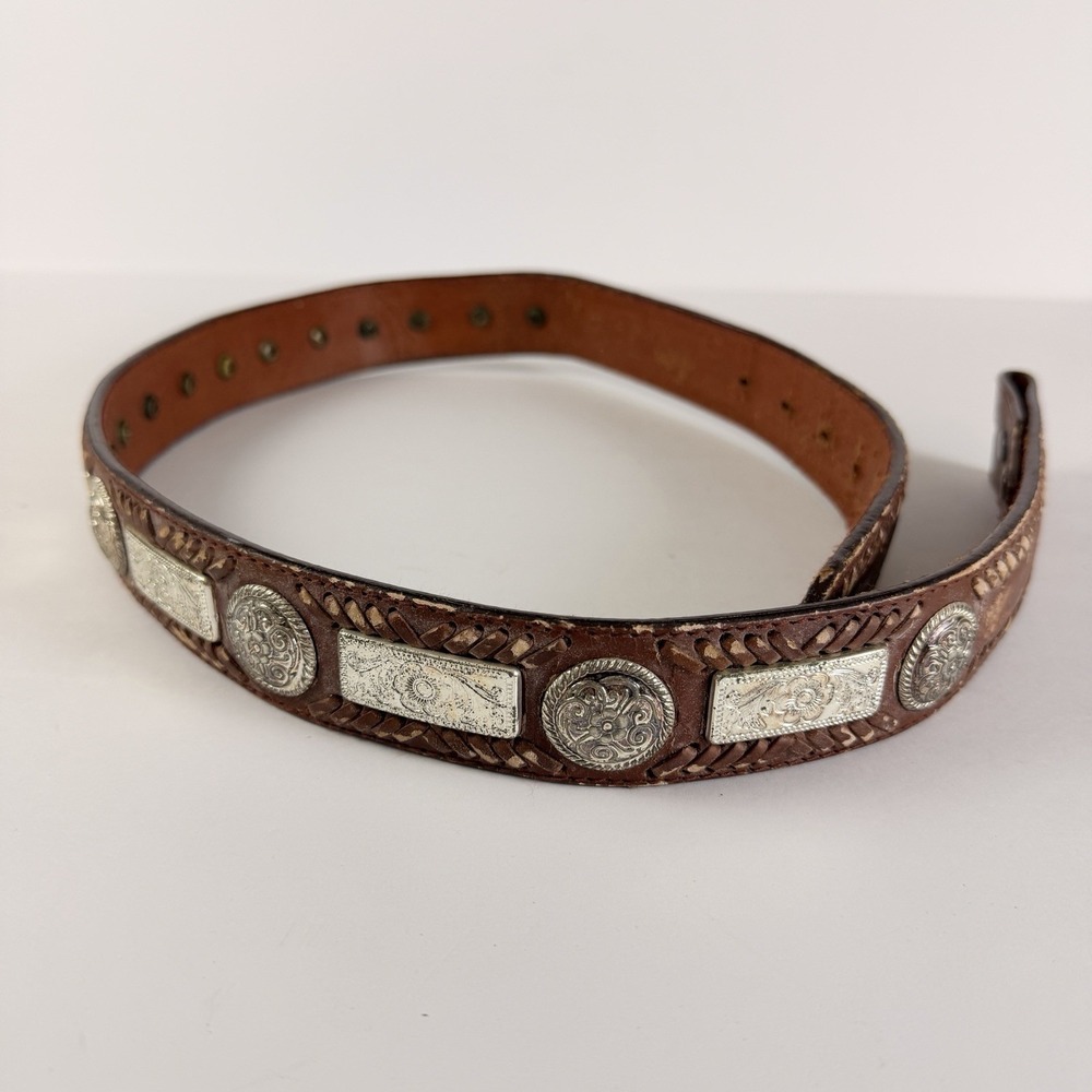 Vintage Western Concho Leather Belt Size‎ 34 Brown Tooled Silver Plates